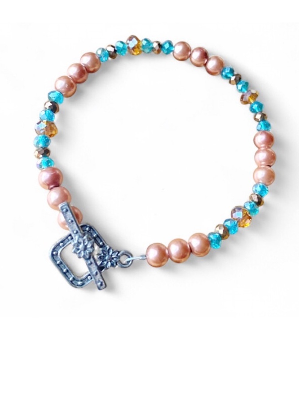 Handmade Tan Brown Pearl Bracelet Ocean Teal Blue Crystal Floral Toggle Clasp